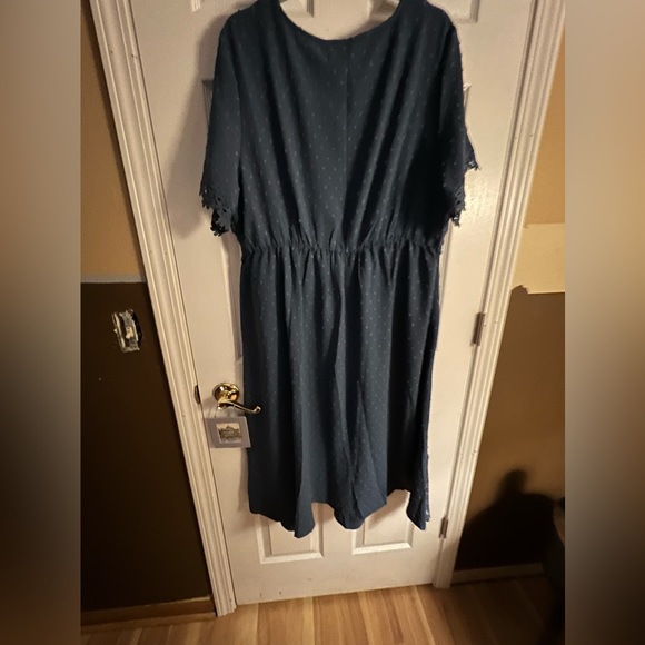 BloomChic steel blue dotted Swiss short sleeved, below knee dress w/crochet trim - Picture 2 of 8